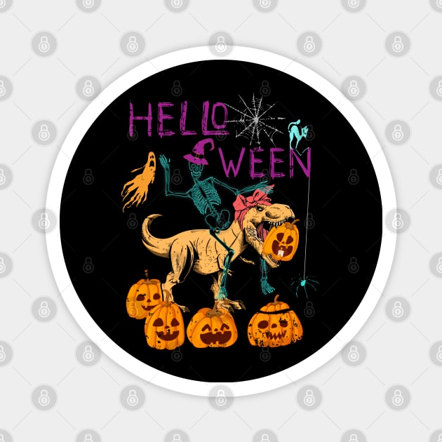 Skeleton Riding Dinosaur Messy Bun Halloween Magnet by alcoshirts